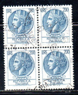 ITALIA REPUBBLICA ITALY REPUBLIC 1968 1976 SIRACUSANA TURRITA STELLE STARS LIRE 200 QUARTINA USATA BLOCK USED OBLITERE' - 1961-70: Usati