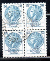 ITALIA REPUBBLICA ITALY REPUBLIC 1968 1976 SIRACUSANA TURRITA STELLE STARS LIRE 200 QUARTINA USATA BLOCK USED OBLITERE' - 1961-70: Usados