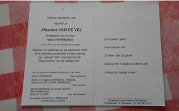 Alfonsine Van De Vel Geb. Aarschot  28/09/1930- Getr. M. Herremans - Gest. 1/01/1997 - Devotieprenten