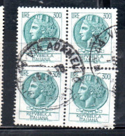 ITALIA REPUBBLICA ITALY REPUBLIC 1968 1976 1972 SIRACUSANA TURRITA STELLE STARS LIRE 300 QUARTINA USATA BLOCK USED OBLIT - 1971-80: Afgestempeld