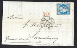 PARIS Pour LUXEMBOURG 1871, Oblitération étoile 1 Place De La Bourse, Cachet Type 18, Aff 25c N° 60, Très Belle - 1849-1876: Classic Period