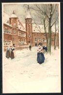 Künstler-Lithographie Henri Cassiers: Middelbourg, Winterliche Ortspartie  - Autres & Non Classés