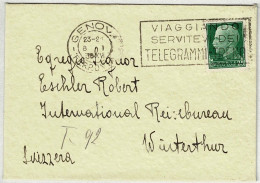 Italien / Italia 1938, Brief Genova - Winterthur (Schweiz), Telegrammi Treno / Zug / Train  - Marcofilía