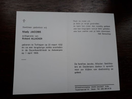 Mady Jacobs ° Terhagen 1932 + Antwerpen 1993 X Richard Allacker (Fam: Seeldrayers - Daelemans) - Obituary Notices