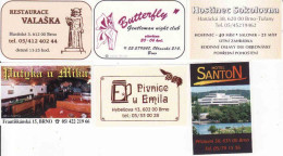 Czech Republic, 6 Matchbox Labels BRNO Hotel Santon, U Mika, U Emila, Butterfly Night Club, Restaurace Valaška Sokolovna - Cajas De Cerillas - Etiquetas