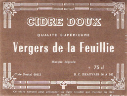 ALIMENTATION ETIQUETTES ALCOOL CIDRE DOUX QUALITE SUPERIEURE VERGERS DE LA FEUILLIE BEAUVAIS 10 X 12 CM - Alcoholen & Sterke Drank