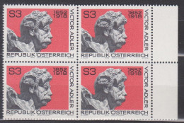 1978 , Mi 1589 ** (1) - 4er Block Postfrisch -  60. Todestag Von Victor Adler - Ungebraucht