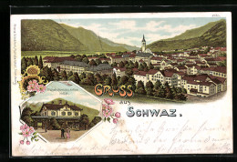 Lithographie Schwaz, Bahnhofsrestaurant Hölzl, Blick Zum Ort  - Other & Unclassified