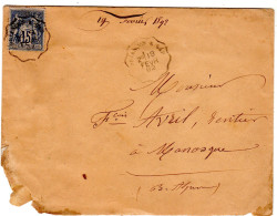 1892  CAD  Ambulant De BRIANCON à GAP Sur Type Sage 15c  Envoyée à MANOSQUE - 1877-1920: Periodo Semi Moderno