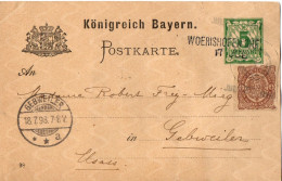 ALLEMAGNE BAVIERE ENTIER CARTE 5 PFG OBLITERATION FERROVIAIRE GARE DE WOERISHOFEN POUR GUEBVILLER(ALSACE) - Enteros Postales