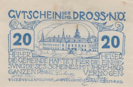 20 HELLER 1920 Stadt DROSS Niedrigeren Österreich Notgeld Banknote #PI300 - Lokale Ausgaben