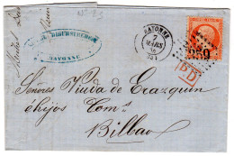 1864  CAD T 15 De BAYONNE G C 359  Repiquage Sur T P 0,40c Envoyée à BILBAO ESPAGNE - 1849-1876: Klassik