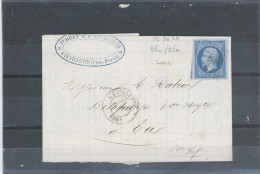 FRANCE - N°14e BLEU SUR LILAS /LAC LA VILLEETTE (60) POUR EU (74) Obl .PC 3637 -CàD TYPE 15 -26 MARS 58 - 1853-1860 Napoléon III.