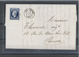 FRANCE - N°14A BLEU FONCÉ/VERDATRE CLAIR  TIRAGE 1856 ( MAURY 2012 -N°14 Ih )/LAC POUR ROUEN -Obl PC1203 -ESSONNES -CàD - 1853-1860 Napoléon III