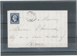 FRANCE - N°14A BLEU FONCÉ/VERDATRE CLAIR  TIRAGE 1856 ( MAURY 2012 -N°14 Ih )/LAC POUR ROUEN -Obl PC1203 -ESSONNES -CàD - 1853-1860 Napoléon III.