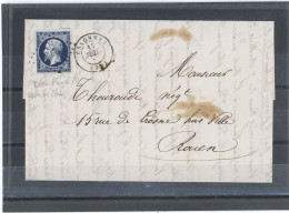 FRANCE - N°14A BLEU FONCÉ/VERDATRE CLAIR  TIRAGE 1856 ( MAURY 2012 -N°14 Ih )/LAC POUR ROUEN -Obl PC1203 -ESSONNES -CàD - 1853-1860 Napoleon III