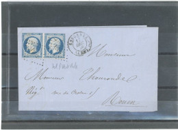 FRANCE - N°14A PAIRE- BLEU /VERDATRE CLAIR  TIRAGE 1856 ( MAURY 2012 -N°14 Ih )/LAC PPOUR ROUEN Obl PC1203 (ESSONNE72) - 1853-1860 Napoléon III.