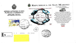 SAN MARINO - 1999 Foglietto Auto AUDI + Natale Su FDC Raccomandata Azienda Aut.Stato + 2 Francobolli Al Retro - FDC