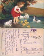 Künstlerkarte: Kind Mädchen Am Teich Mit Enten & Küken 1948/1930 - Peintures & Tableaux