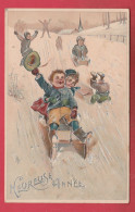 Heureuse Année ... 3 Superbes Cartes En Relief Et Gauffrées / Enfant Et Jeux D'hiver - 1907  ( Voir Verso ) - Nouvel An