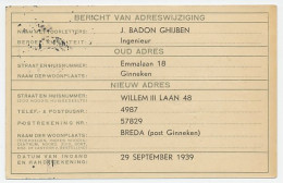 Verhuiskaart G. 13 Particulier Bedrukt Ginneken 1939 - Entiers Postaux