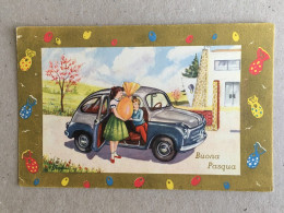 Easter Ostern Paques - Italia Buona Pasqua Oldtimer Car Auto Fiat Boy Giving Girl An Egg With Gifts Chioggia - Pâques