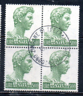 ITALIA REPUBBLICA ITALY 1957-1974 S. SAN GIORGIO DI DONATELLO DENT. 13 1/4 LIRE 500 QUARTINA BLOCK USATO USED OBLITERE' - 1946-60: Used