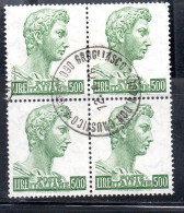 ITALIA ITALY 1957-1974 1970 S. SAN GIORGIO DI DONATELLO DENT. 14x13 1/4 FLUORESCENTE LIRE 500 QUARTINA BLOCK USATO USED - 1961-70: Oblitérés