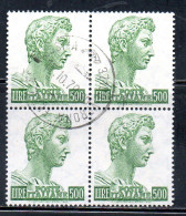 ITALIA ITALY 1957-1974 1970 S. SAN GIORGIO DI DONATELLO DENT. 14x13 1/4 FLUORESCENTE LIRE 500 QUARTINA BLOCK USATO USED - 1961-70: Usados