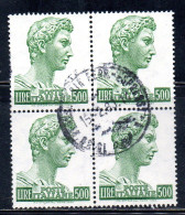 ITALIA ITALY 1957-1974 1970 S. SAN GIORGIO DI DONATELLO DENT. 14x13 1/4 FLUORESCENTE LIRE 500 QUARTINA BLOCK USATO USED - 1961-70: Gebraucht