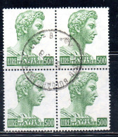 ITALIA ITALY 1957-1974 1970 S. SAN GIORGIO DI DONATELLO DENT. 14x13 1/4 FLUORESCENTE LIRE 500 QUARTINA BLOCK USATO USED - 1961-70: Oblitérés