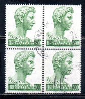 ITALIA ITALY 1957-1974 1970 S. SAN GIORGIO DI DONATELLO DENT. 14x13 1/4 FLUORESCENTE LIRE 500 QUARTINA BLOCK USATO USED - 1961-70: Gebraucht