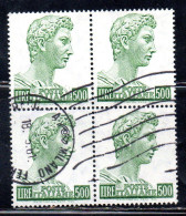 ITALIA ITALY 1957-1974 1970 S. SAN GIORGIO DI DONATELLO DENT. 14x13 1/4 FLUORESCENTE LIRE 500 QUARTINA BLOCK USATO USED - 1961-70: Usados