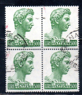 ITALIA ITALY 1957-1974 1970 S. SAN GIORGIO DI DONATELLO DENT. 14x13 1/4 FLUORESCENTE LIRE 500 QUARTINA BLOCK USATO USED - 1961-70: Usados