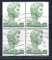 ITALIA ITALY 1957-1974 1970 S. SAN GIORGIO DI DONATELLO DENT. 14x13 1/4 FLUORESCENTE LIRE 500 QUARTINA BLOCK USATO USED - 1961-70: Gebraucht