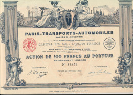 TITRE  - ACTION   PARIS -TRANSPORTS- AUTOMOBILES  ACTION DE 100 FRANCS AU PORTEUR   1925    30 COUPONS - Auto's