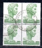 ITALIA ITALY 1957-1974 1970 S. SAN GIORGIO DI DONATELLO DENT. 14x13 1/4 FLUORESCENTE LIRE 500 QUARTINA BLOCK USATO USED - 1961-70: Gebraucht