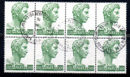 ITALIA ITALY 1957-1974 1970 S. SAN GIORGIO DI DONATELLO DENT. 14x13 1/4 FLUORESCENTE LIRE 500 BLOCCO BLOCK USATO USED - 1961-70: Oblitérés