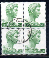 ITALIA ITALY1957-1974 1965S.SAN GIORGIO DI DONATELLO DENT. 14x13 1/4 NON FLUORESCENTE LIRE 500 QUARTINA BLOCK USATO USED - 1961-70: Usados