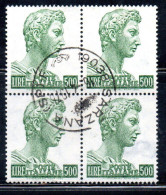 ITALIA ITALY1957-1974 1965S.SAN GIORGIO DI DONATELLO DENT. 14x13 1/4 NON FLUORESCENTE LIRE 500 QUARTINA BLOCK USATO USED - 1961-70: Usados