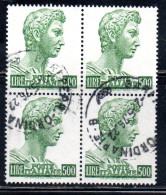 ITALIA ITALY1957-1974 1965S.SAN GIORGIO DI DONATELLO DENT. 14x13 1/4 NON FLUORESCENTE LIRE 500 QUARTINA BLOCK USATO USED - 1961-70: Usati