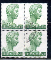 ITALIA ITALY1957-1974 1965S.SAN GIORGIO DI DONATELLO DENT. 14x13 1/4 NON FLUORESCENTE LIRE 500 QUARTINA BLOCK USATO USED - 1961-70: Usados