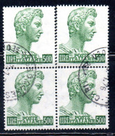 ITALIA ITALY1957-1974 1965S.SAN GIORGIO DI DONATELLO DENT. 14x13 1/4 NON FLUORESCENTE LIRE 500 QUARTINA BLOCK USATO USED - 1961-70: Afgestempeld