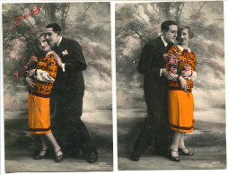 LOT 2 CPA Fantaisies Ecrites En 1929 * Amitiés Couple Amoureux Femme Vêtue D'un Ensemble Couleur Orange - Parejas
