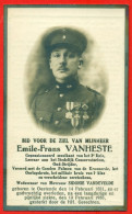 Bidprentje Emile-Frans Vanheste (° Oostende 1881 - + 1936) - Oudstrijder, Muzikant, Leraar, Verscheidene Eretekens - Décès