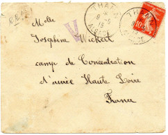 FRANCE.1915.  CENSURE "V"."CAMP DE CONCENTRATION D'AUREC"(HTE LOIRE). (OTAGE/PRISONNIER ALSACIEN) - 1. Weltkrieg 1914-1918