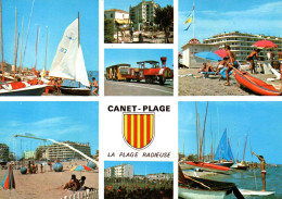 RECTO/VERSO - CPSM - PETIT TRAIN DE CANET PLAGE - COTE VERMEILLE - PLAGE RADIEUSE - STATION BALNEAIRE - VOILIER - Trenes