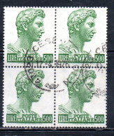 ITALIA ITALY 1957-1974 1970 S. SAN GIORGIO DI DONATELLO DENT. 14x13 1/4 FLUORESCENTE LIRE 500 QUARTINA BLOCK USATO USED - 1961-70: Usados