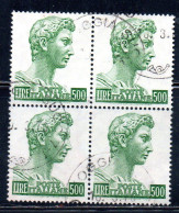 ITALIA ITALY 1957-1974 1970 S. SAN GIORGIO DI DONATELLO DENT. 14x13 1/4 FLUORESCENTE LIRE 500 QUARTINA BLOCK USATO USED - 1961-70: Usados