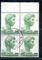 ITALIA ITALY 1957-1974 1970 S. SAN GIORGIO DI DONATELLO DENT. 14x13 1/4 FLUORESCENTE LIRE 500 QUARTINA BLOCK USATO USED - 1961-70: Oblitérés